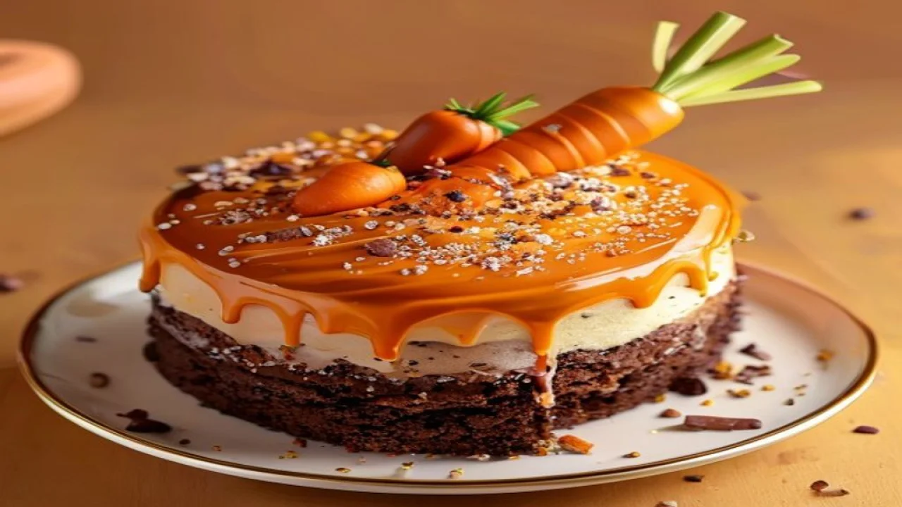 Bolo de cenoura com cobertura brilhante de chocolate