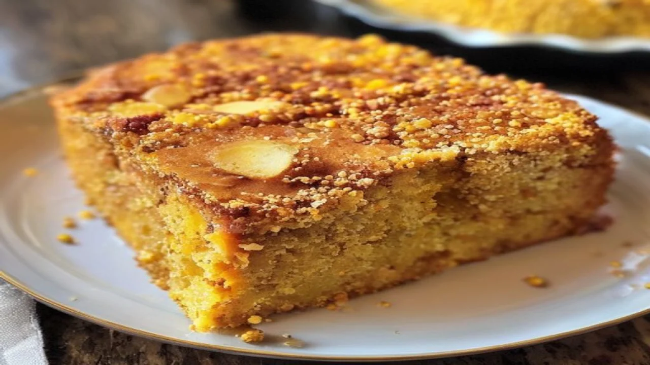 Bolo de fubá dourado em fatias sobre prato rústico